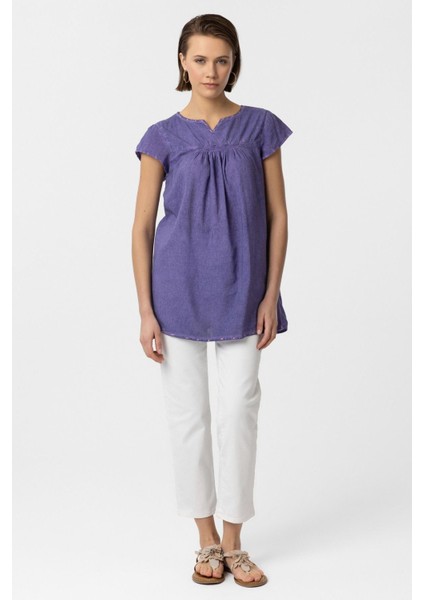 Mor Sırtı Nakışlı Kısa Kollu Pamuklu Gömlek Bluz fiyatları