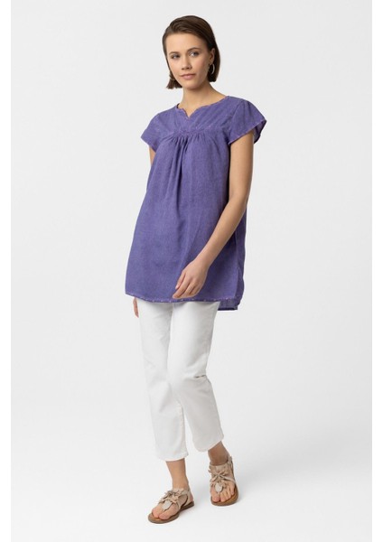 Mor Sırtı Nakışlı Kısa Kollu Pamuklu Gömlek Bluz modelleri