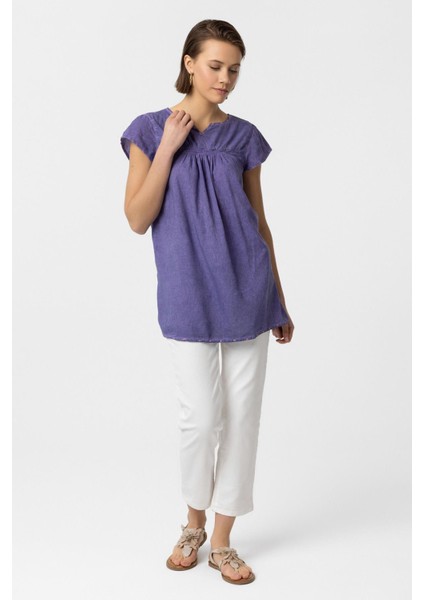 Mor Sırtı Nakışlı Kısa Kollu Pamuklu Gömlek Bluz fırsatları