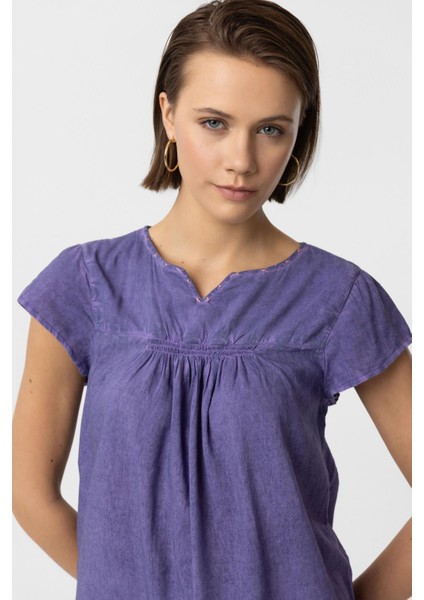 Mor Sırtı Nakışlı Kısa Kollu Pamuklu Gömlek Bluz indirimleri