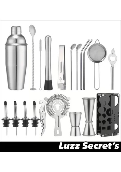 Luzz 25 Parça Paslanmaz Çelik Hediye Kokteyl Menülü Barmen Profesyonel 750 ml Shaker Full Set modelleri