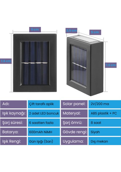 Güneş Enerjili Çift Taraflı Dekoratif Duvar Lambası Solar Aplik 2 Adet