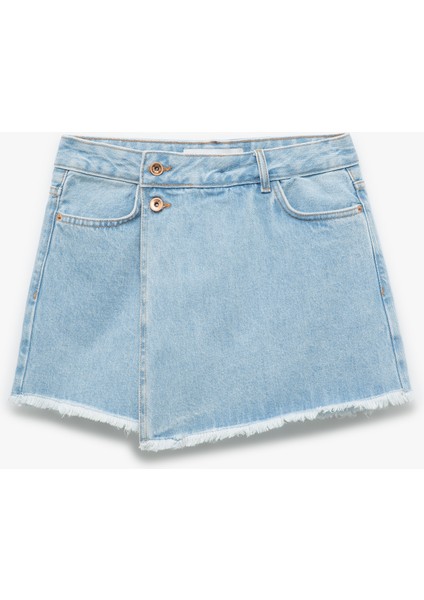 Pamuklu Düğme Detaylı Cepli Asimetrik Mini Denim Şort Etek