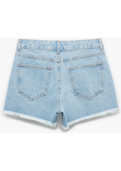 Pamuklu Düğme Detaylı Cepli Asimetrik Mini Denim Şort Etek