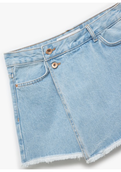 Pamuklu Düğme Detaylı Cepli Asimetrik Mini Denim Şort Etek
