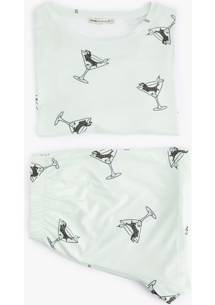Köpek Baskılı Kısa Kollu Bisiklet Yaka Şortlu Pijama Takımı