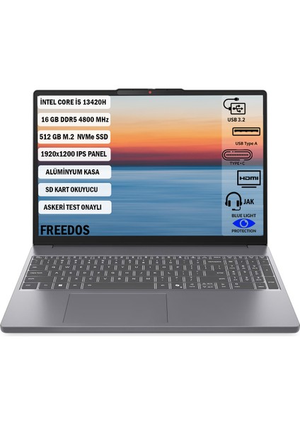 Ideapad Slim3 Intelcore I5 13420H 16 GB 512GB SSD Freedos 15.3" Wuxga Bilgisayar 83K1004ETR+165
