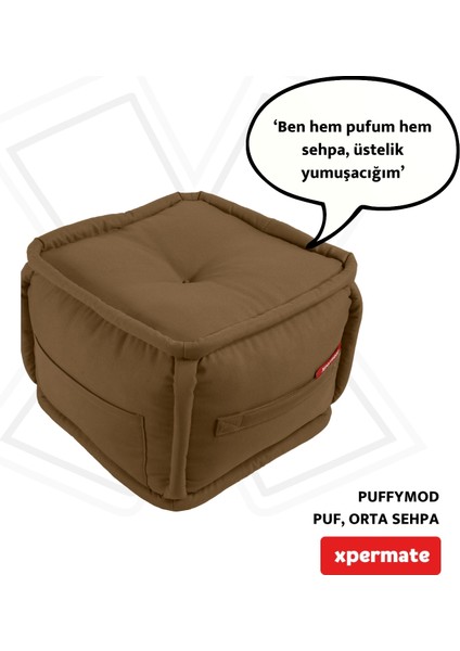 x permate Puffymod Dekoratif Kare Puf Orta Sehpa Ayak Uzatma Puf 40 x 40 cm Kahverengi