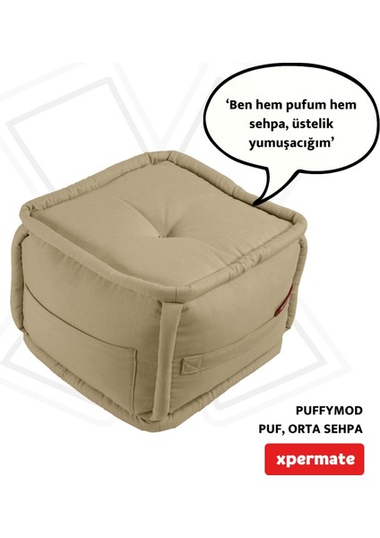 x permate Puffymod Dekoratif Kare Puf Orta Sehpa Ayak Uzatma Puf 40 x 40 cm Bej