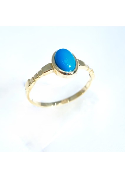 Gümüş Yüzük - Firuze-Turkuaz Taşlı Oval Kesim Boğumlu Modern Tasarım 925 Ayar Gümüş Tektaş Yüzük