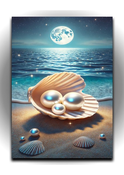 Deniz Kabuklu ve Inci Taneli Kanvas Tablo - Gece Denizinin Büyüsü