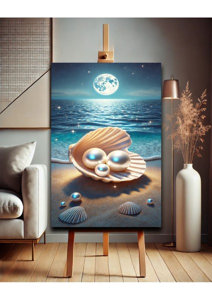 Deniz Kabuklu ve Inci Taneli Kanvas Tablo - Gece Denizinin Büyüsü fırsatları