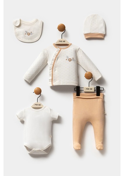 Çiçek Nakışlı Puantiye Desenli 5 Parça Yenidoğan Kız Hastane Çıkışı Bej