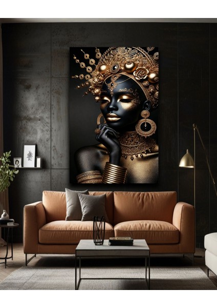 Altın Renkleri ile Detaylı Siyahi Kadın Kanvas Tablo