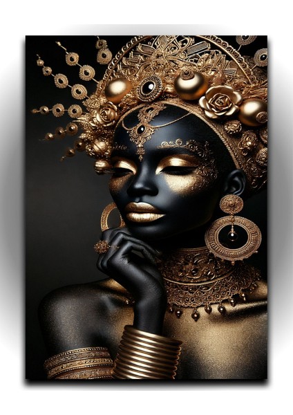 Altın Renkleri ile Detaylı Siyahi Kadın Kanvas Tablo fiyatları