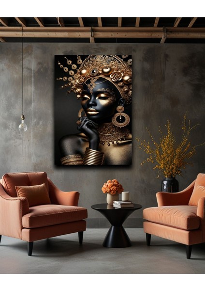 Altın Renkleri ile Detaylı Siyahi Kadın Kanvas Tablo modelleri