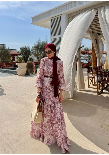 Kadın Desenli Uzun Krep Elbise fiyatları