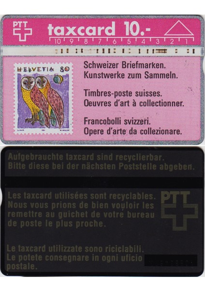 Isviçre Telefon Kartı Ptt Taxcard. Pul ve Baykuş Temalı. 10 Frank Değerinde.