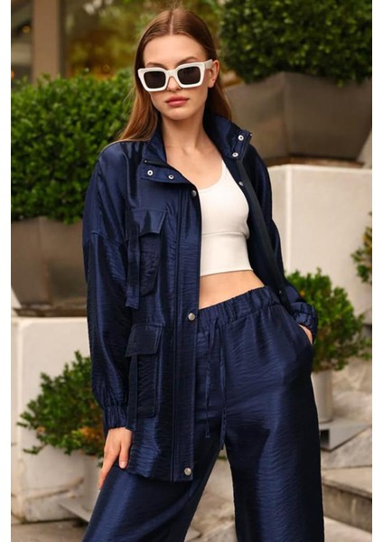 Kadın Oversize Safari Ceketli Parlak Takım -(Pantolon / Ceket)