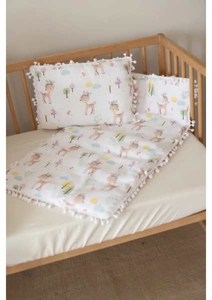 Sallhome Doğal Müslin Ceylan Desenli 10 Parça Bebek Uyku ve Taşıma Seti – Ponpon Detaylı