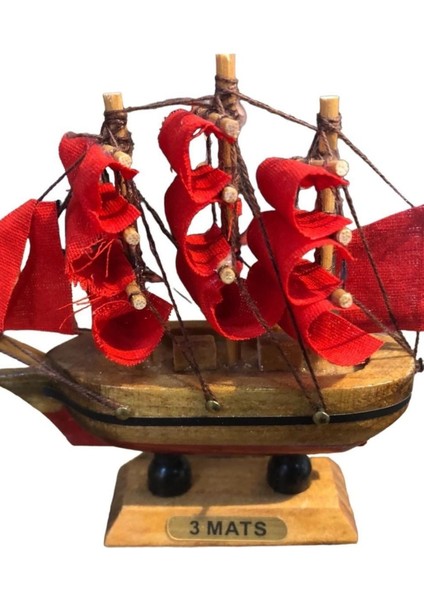 Kırmızı Mini Yelkenli Dekoratif Ahşap Gemi Maketi (10CM)