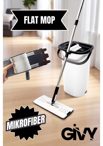 İzmir Luna Beyaz Flat Mop – Mikrofiber Tablet Mop 360° Dönebilen Saplı Temizlik Seti