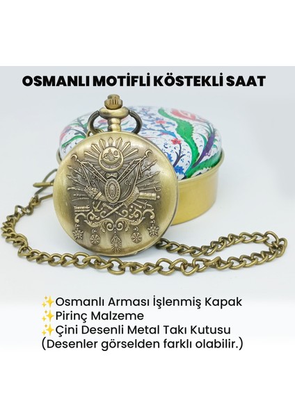 Osmanlı Armalı Zincirli Pilli Pirinç Köstekli Saat Osmanlı Motifli Metal Kutulu fiyatları