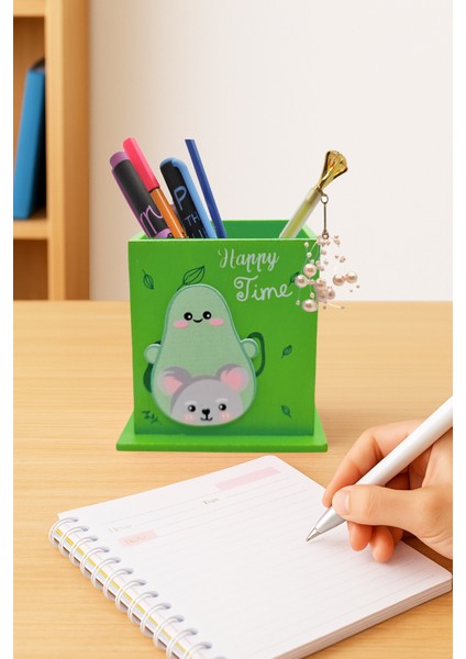 Ahşap Masaüstü Kalemlik Sevimli Avakado Koala Desenli Yeşil - 1 Adet