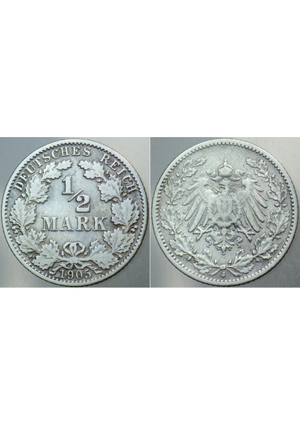 Almanya Gümüş 1/2 Mark 1905 J. Deutsches Reıch. Kayzer Iı. Wilhelm Dönemi.