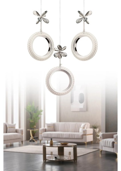 3'lü Oval Elmas LED Avize - Krom - Yuvarlak Kasa -Cam Kelebekli