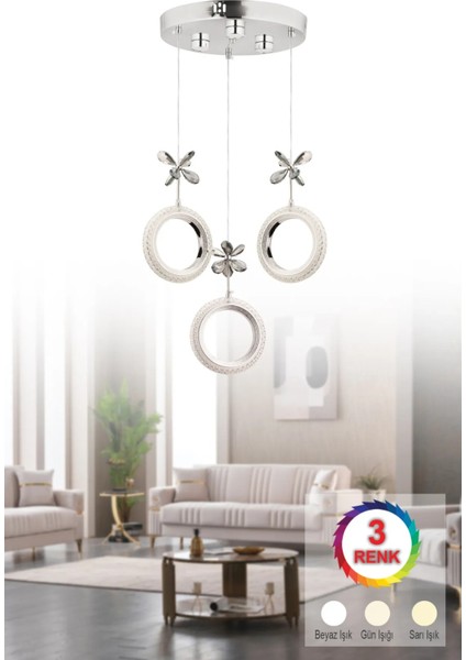 3'lü Oval Elmas LED Avize - Krom - Yuvarlak Kasa -Cam Kelebekli