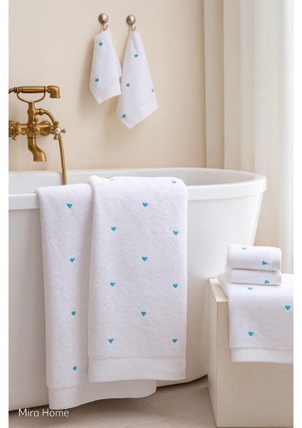 3 Parça Kalp Nakışlı Banyo Havlusu Takımı %100 Pamuklu Lovely Set