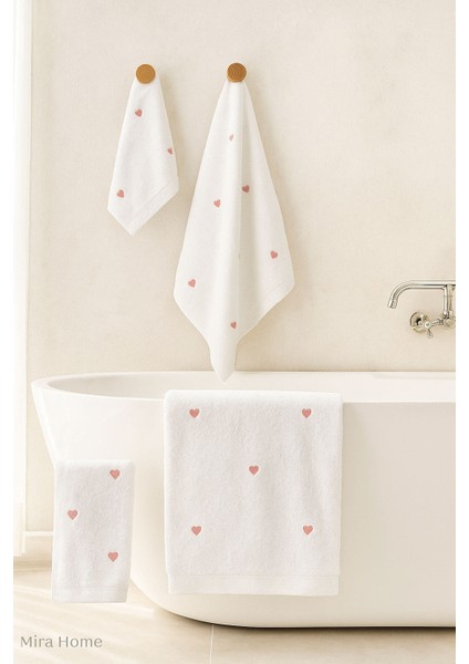 3 Parça Kalp Nakışlı Banyo Havlusu Takımı %100 Pamuklu Lovely Set fiyatları