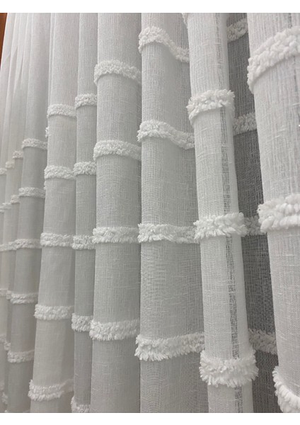 Keten Zeminli Alya Çizgili Ponponlu Tül Perde – 1/3 Sık Pileli,ütü Gerektirmez, Modern Tasarım fırsatları