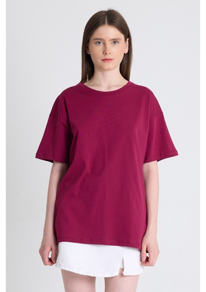 Bordo Arka Yazı Baskılı Kalpli %100 Pamuk Oversize Tişört 2150-33M