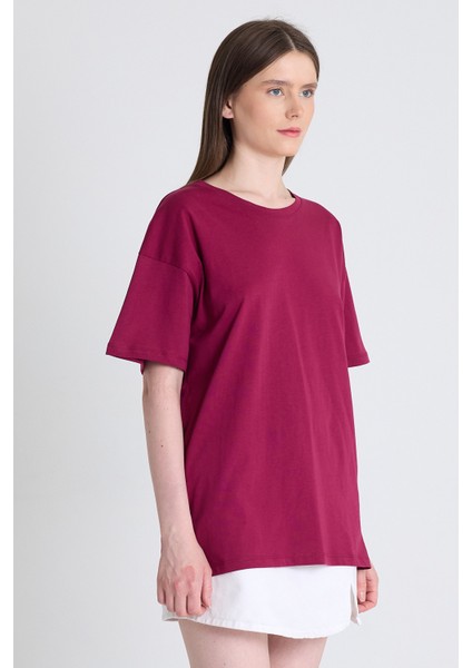 Bordo Arka Yazı Baskılı Kalpli %100 Pamuk Oversize Tişört 2150-33M fiyatları