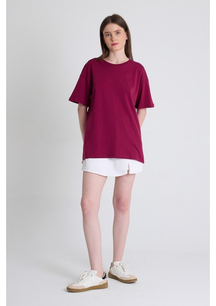 Bordo Arka Yazı Baskılı Kalpli %100 Pamuk Oversize Tişört 2150-33M modelleri