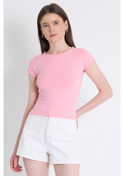 Pembe Bisiklet Yaka Pamuklu Slim Fit Tişört 9190