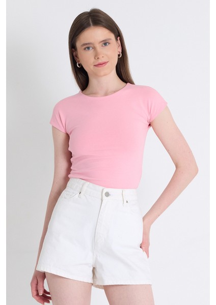 Pembe Bisiklet Yaka Pamuklu Slim Fit Tişört 9190 fiyatları