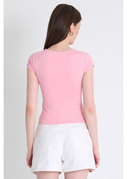 Pembe Bisiklet Yaka Pamuklu Slim Fit Tişört 9190 indirimleri