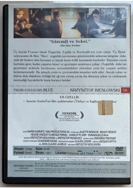 Üç Renk Mavi DVD (Orjnal Dönem Baskı Dvd)