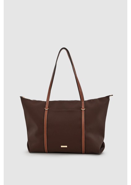 Velie Paraşüt Kumaş Şeritli Shopper Çanta Acı Kahve-Taba