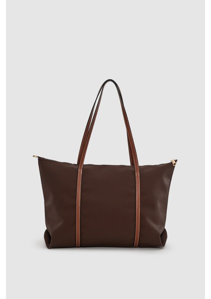 Velie Paraşüt Kumaş Şeritli Shopper Çanta Acı Kahve-Taba