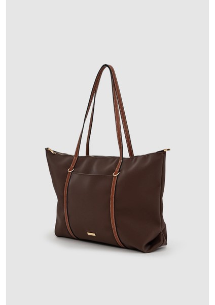 Velie Paraşüt Kumaş Şeritli Shopper Çanta Acı Kahve-Taba