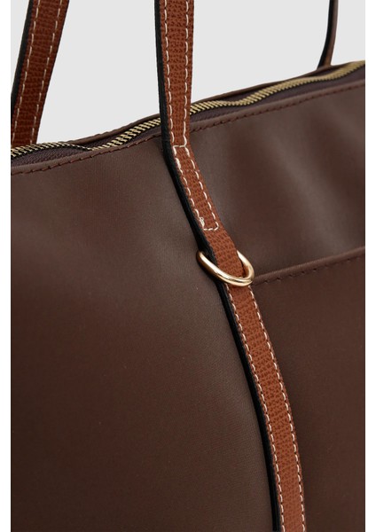 Velie Paraşüt Kumaş Şeritli Shopper Çanta Acı Kahve-Taba