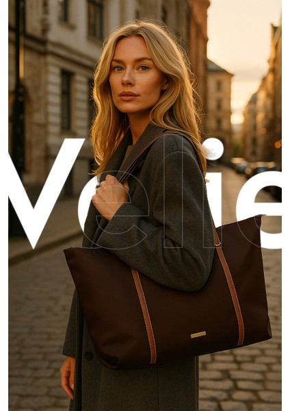 Velie Paraşüt Kumaş Şeritli Shopper Çanta Acı Kahve-Taba
