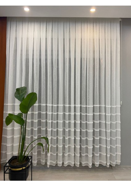 Keten Zeminli Alya Çizgili Ponponlu Tül Perde – 1/3 Sık Pileli,ütü Gerektirmez, Modern Tasarım modelleri