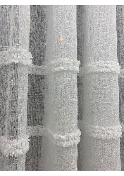 Keten Zeminli Alya Çizgili Ponponlu Tül Perde – 1/3 Sık Pileli,ütü Gerektirmez, Modern Tasarım indirimleri