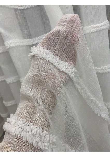 Keten Zeminli Alya Çizgili Ponponlu Tül Perde – 1/3 Sık Pileli,ütü Gerektirmez, Modern Tasarım