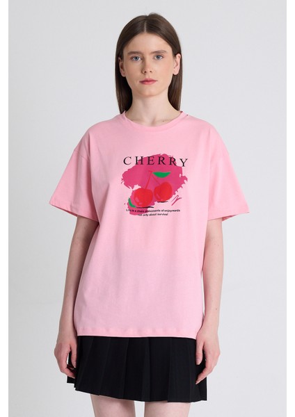 Pembe %100 Pamuk Yazı Baskılı Tişört 2150-15M
